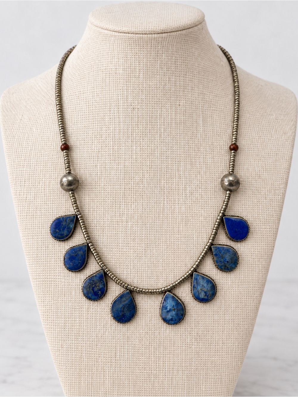 Vintage Afghan Style Silver Tone Lapis Blue Teardrop Tribal Necklace